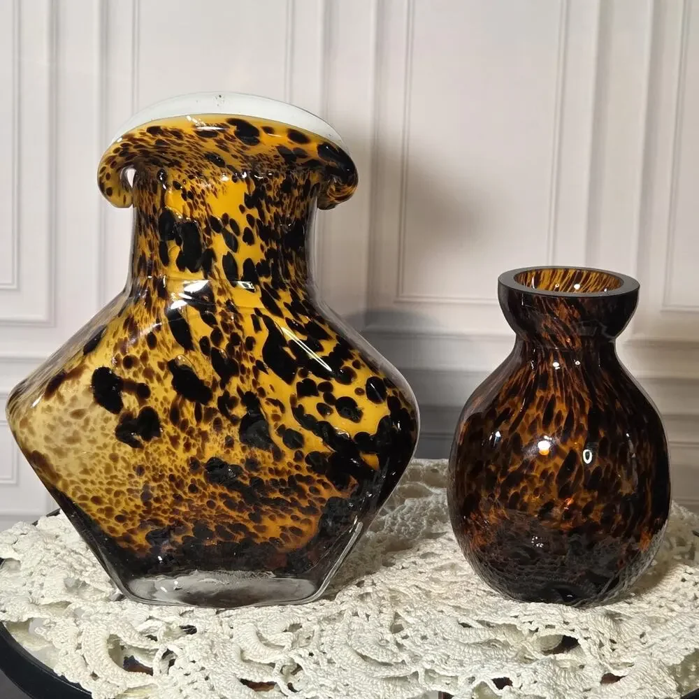 Vintage Estate Murano Style Hand Blown Art Glass Vases Tortoiseshell Patterns